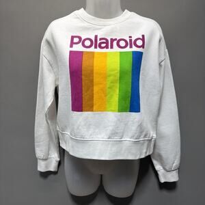 Polaroid Fleece Crop Sweatshirt Size Small Women Crew Neck White Logo